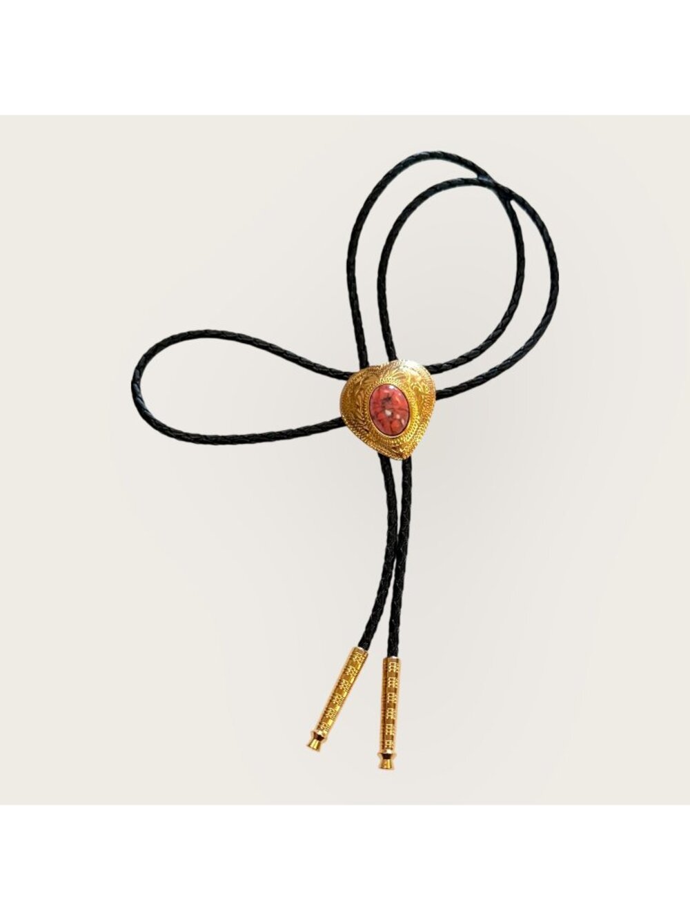 Gold Tone Heart Bolo Tie Faux Marble Stone Black Braided Cord